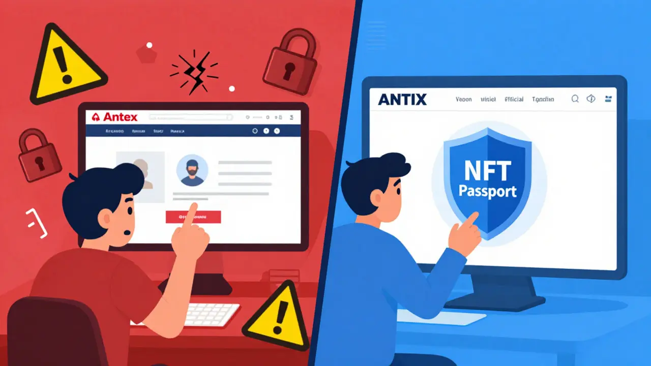 Comparison of safe ANTIX platform vs fake Antex scam site