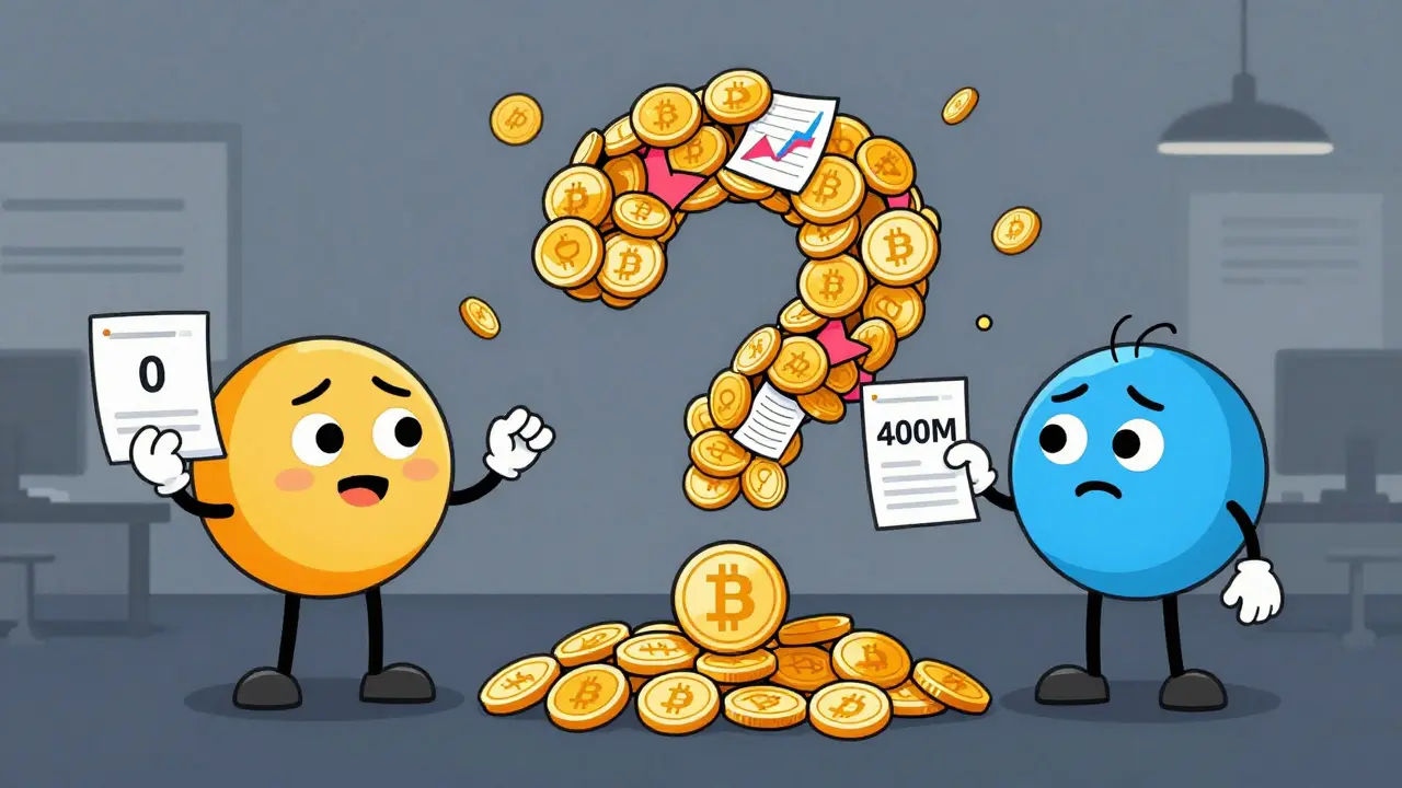 Confused mascots arguing over conflicting crypto data charts