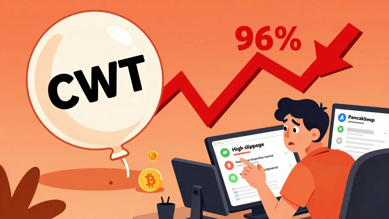 Deflated CWT token balloon showing steep price drop and low liquidity