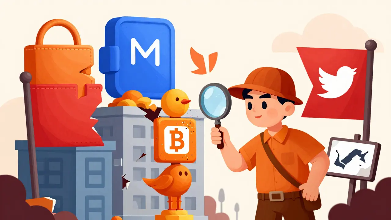 Detective inspecting red flags of an abandoned crypto project