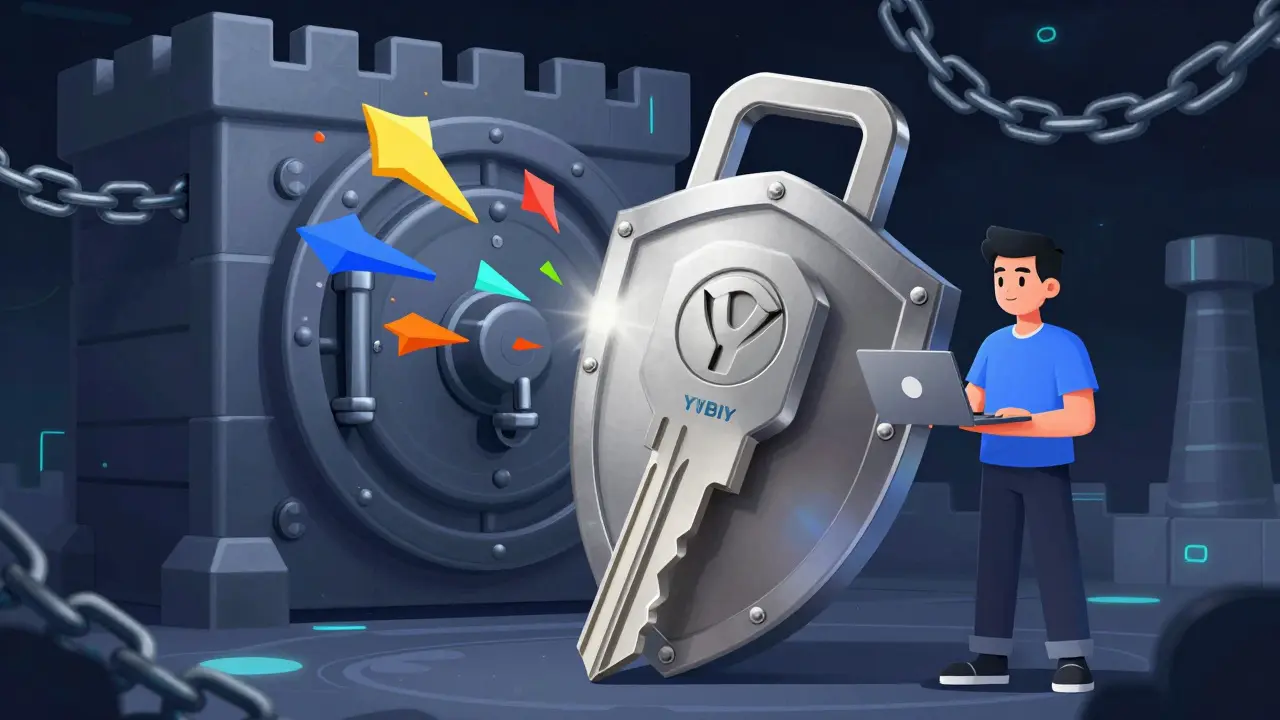 Hardware security key blocking attacks in cartoon style