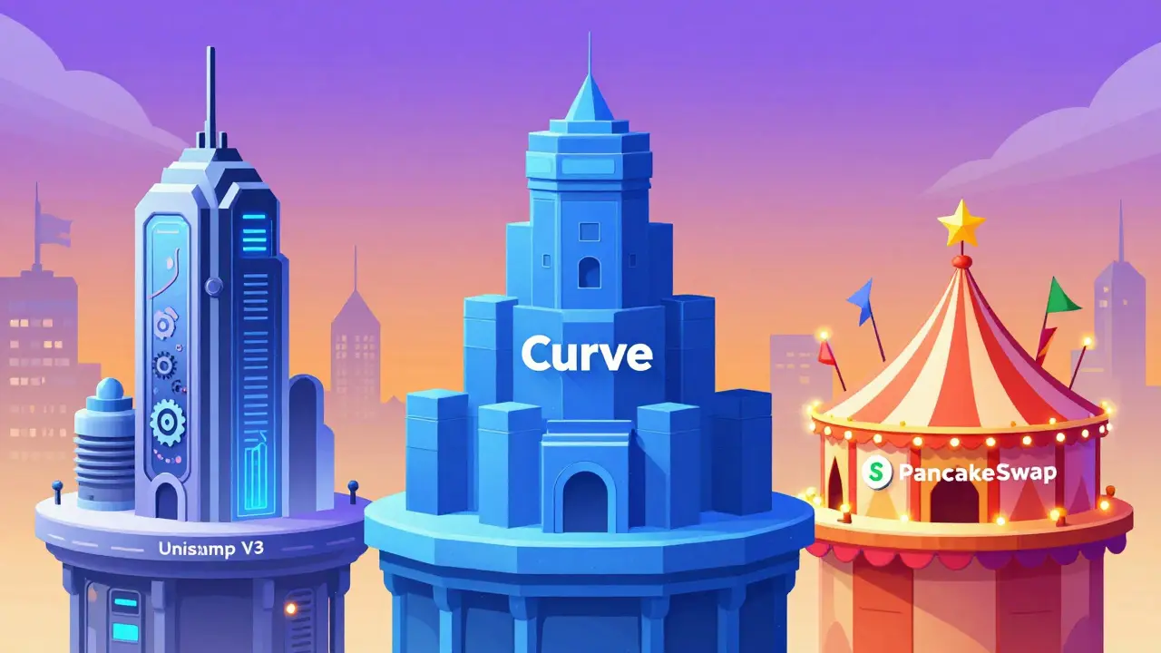 Illustration comparing Uniswap, Curve, and PancakeSwap styles
