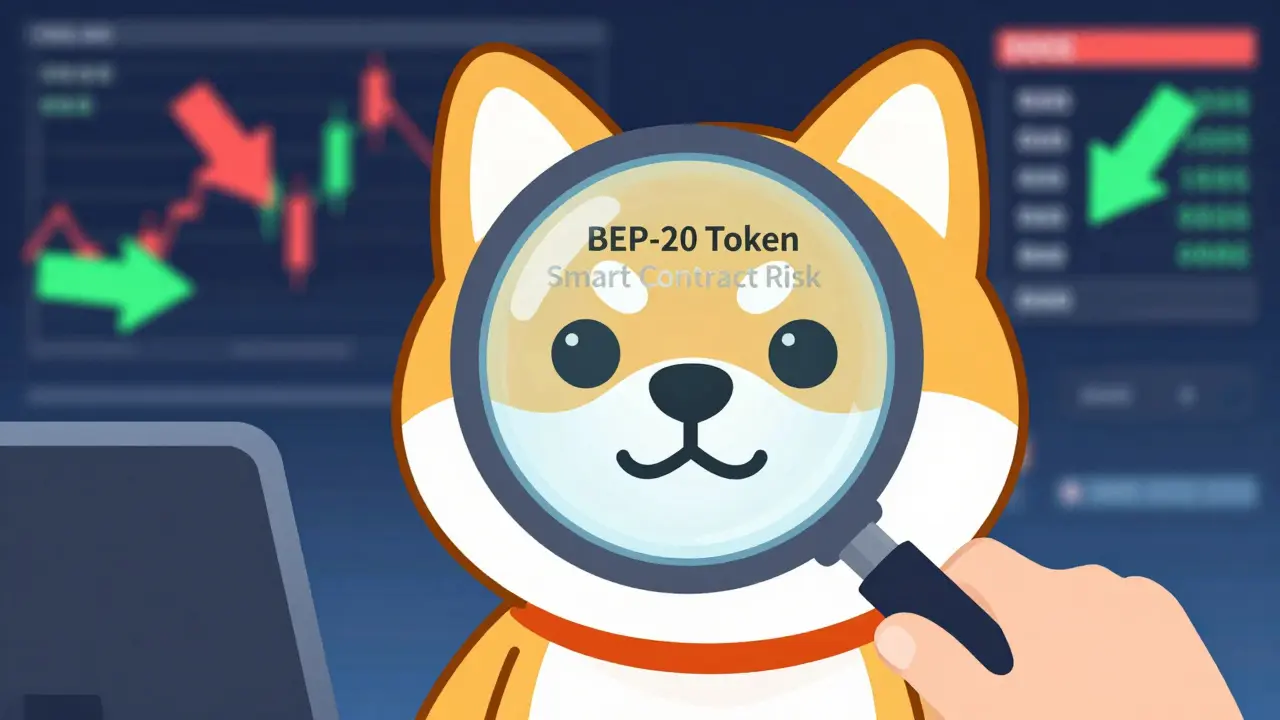 Illustration of inspecting a crypto token under a magnifying glass for risks.