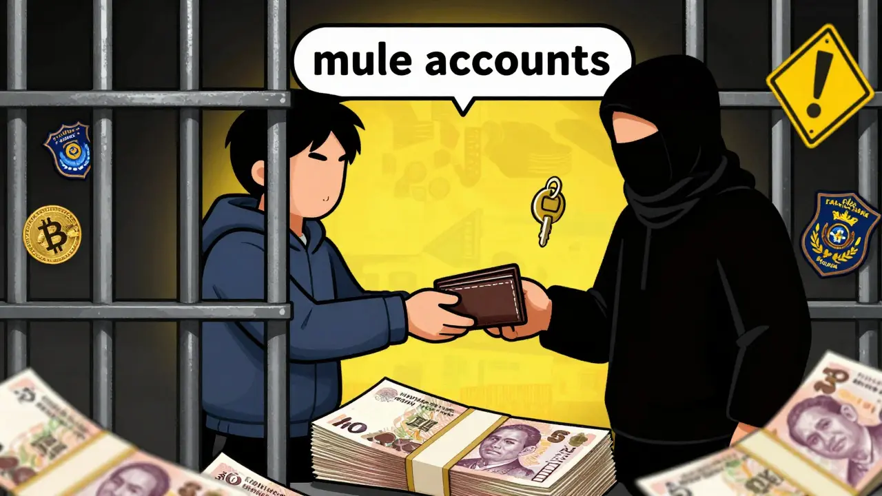 Illustration of prison bars and fines surrounding a crypto mule account user