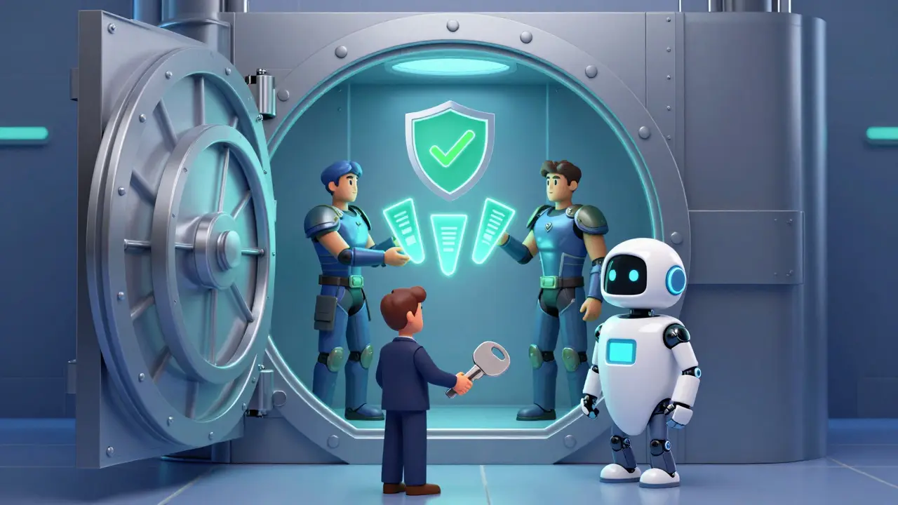 Illustration of secure vault with split keys and professional trader shaking hands with robot.