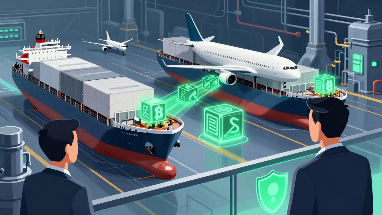 Illustration of supervised international trade using digital assets under strict regulations.