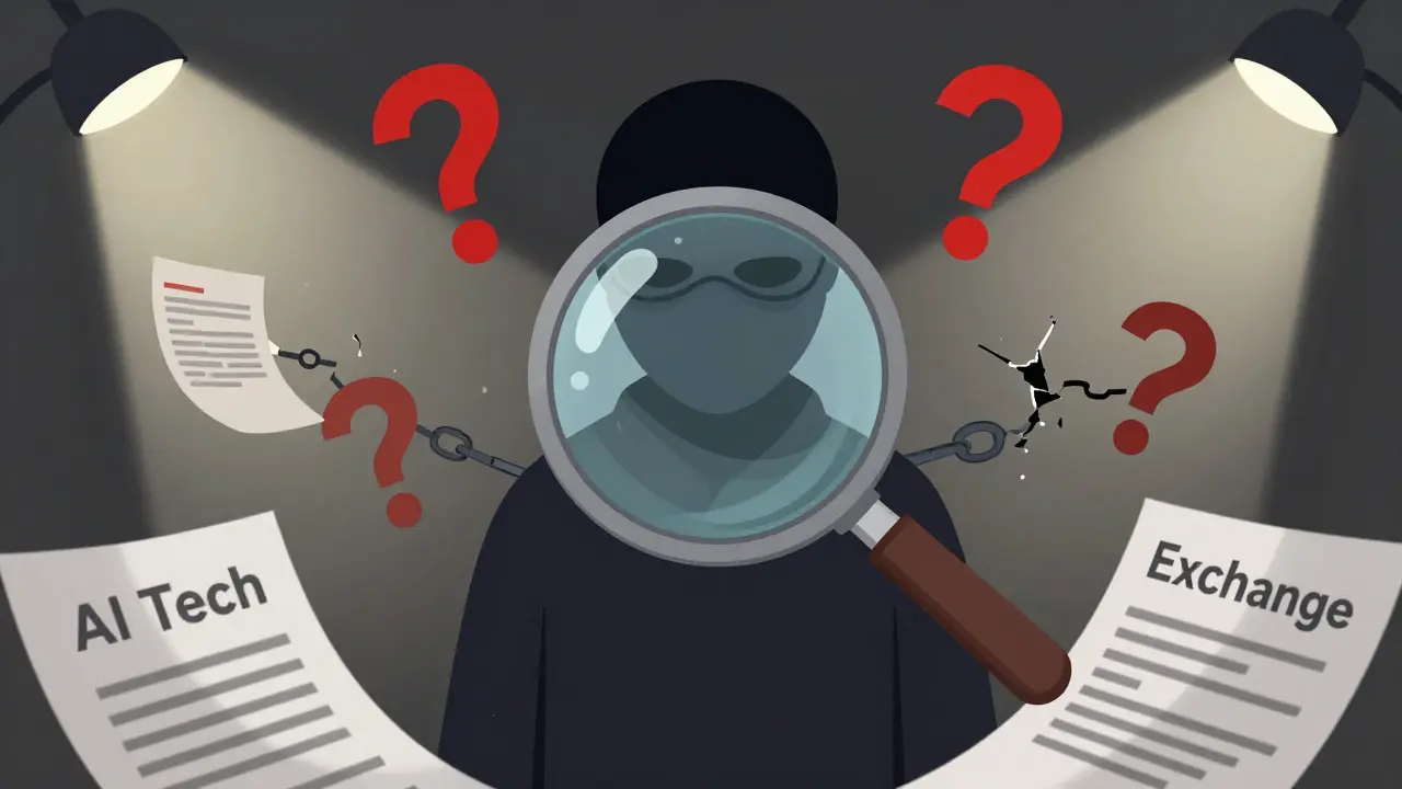 Magnifying glass over masked figure showing red flags