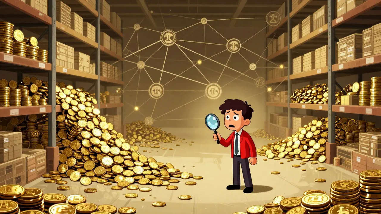 Overwhelmed investor surrounded by billions of tiny tokens