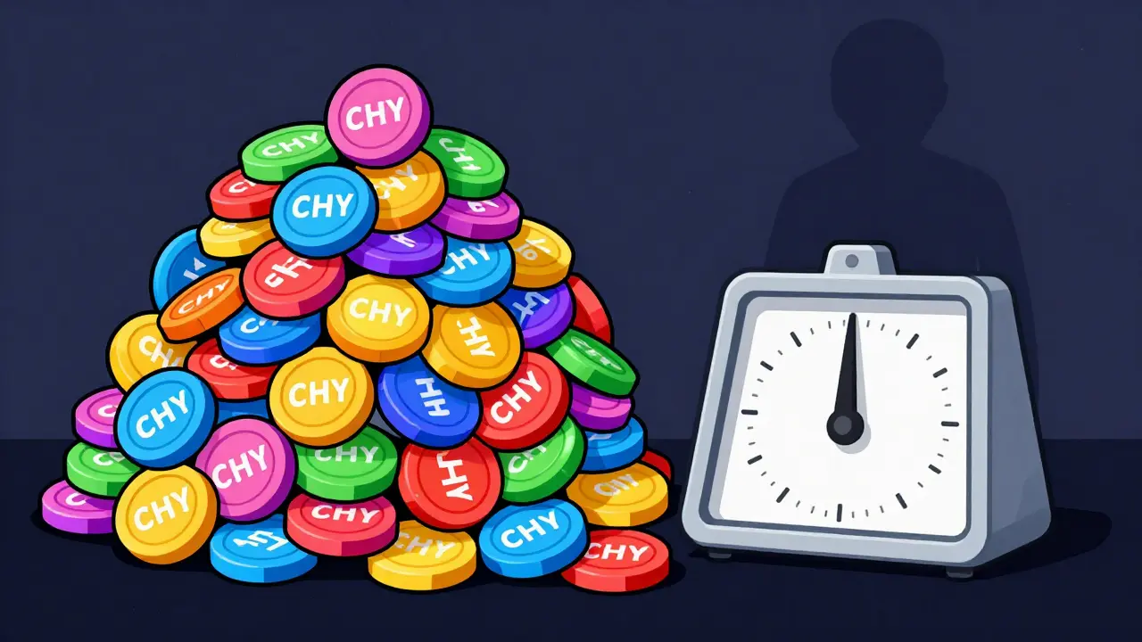 Pile of CHY tokens next to empty scale