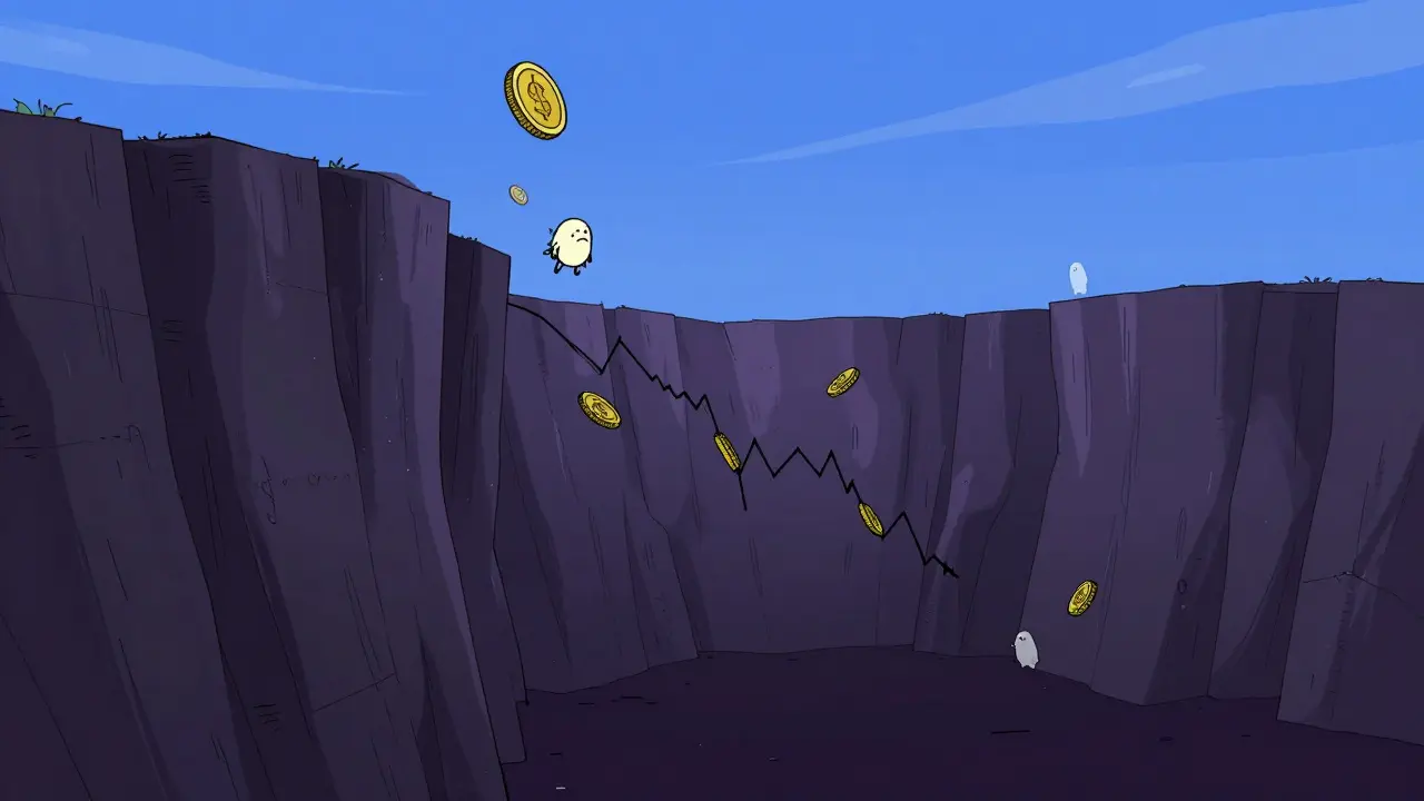Sad coin character falling off a steep market chart cliff