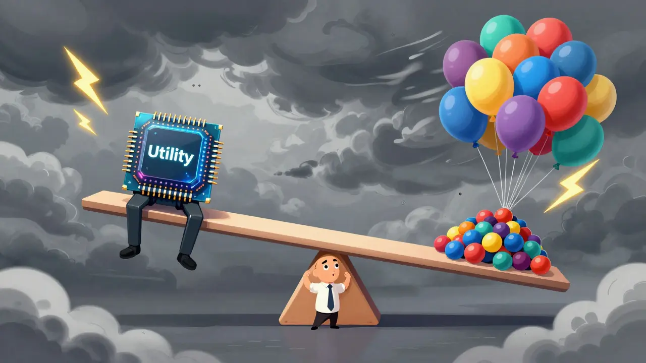 Seesaw balancing AI utility against popping hype balloons in a storm