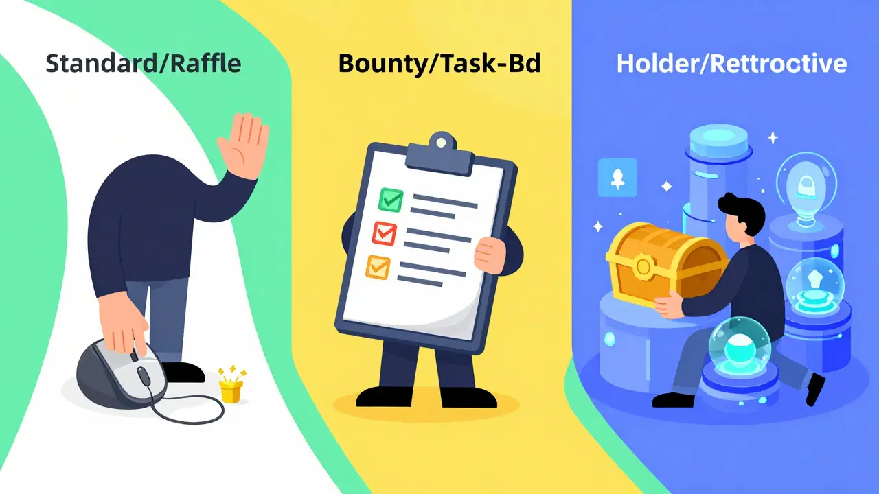 Three cartoon characters representing different crypto airdrop eligibility strategies