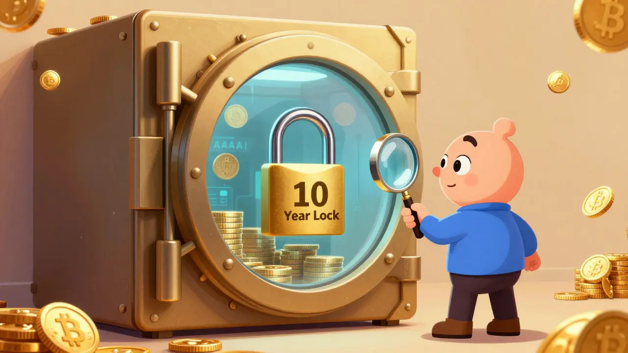 Vault with locked AAAI tokens and a cautious investor inspecting it