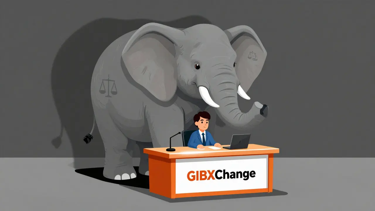 A giant gray elephant casting a shadow over a small trading desk.