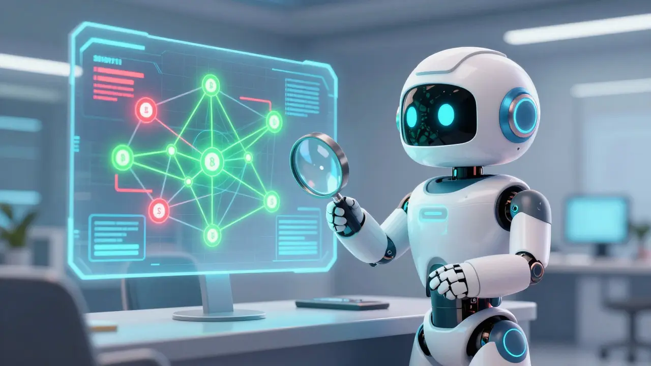 AI robot monitoring blockchain transactions for compliance in a cartoon style