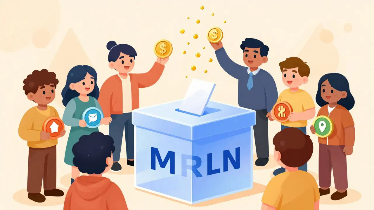 Cartoon avatars participating in DAO governance and earning rewards via NFTs.