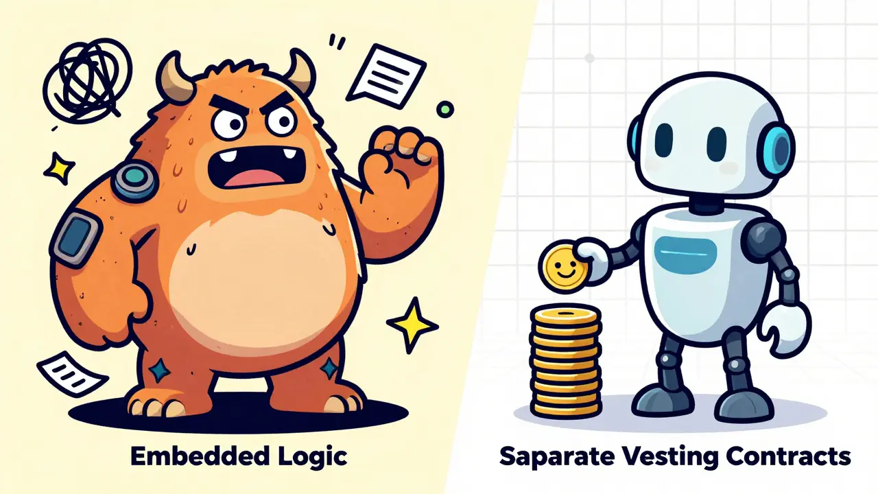 Cartoon comparing bloated embedded logic vs efficient separate vesting contracts