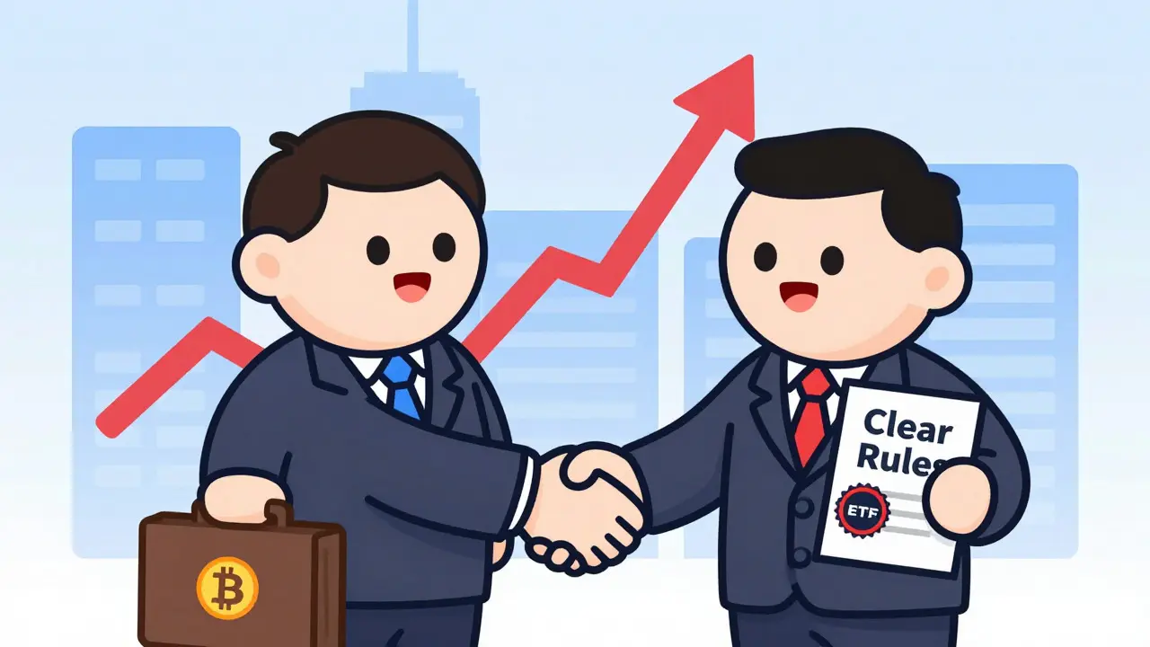 Cartoon handshake showing US institutional crypto growth