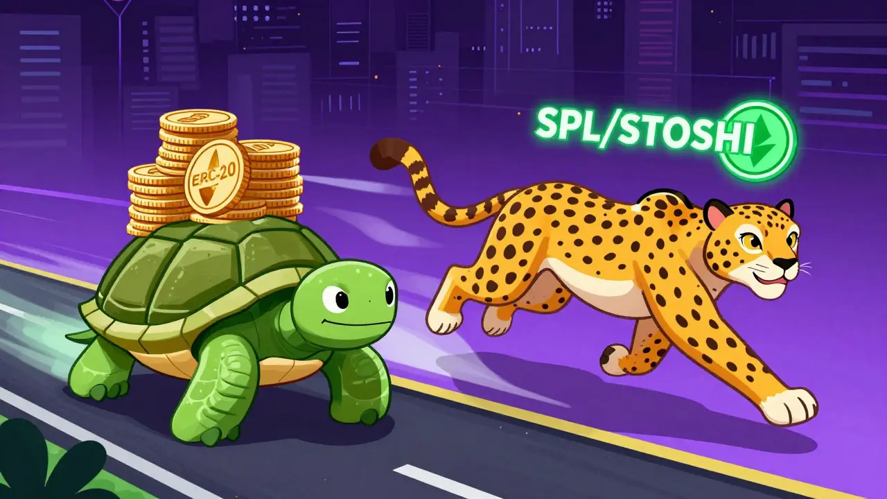 Cartoon of a cheetah racing a turtle during a crypto blockchain migration