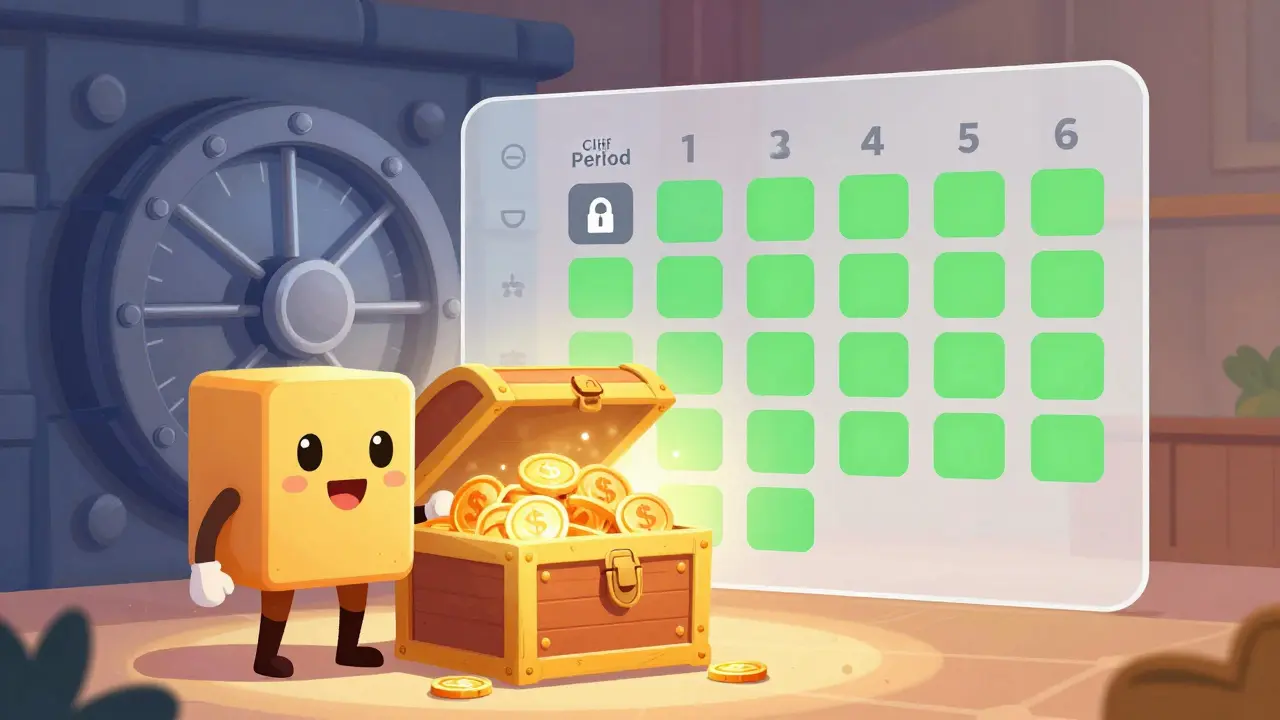 Cartoon of secure blockchain vault releasing tokens gradually over time schedule