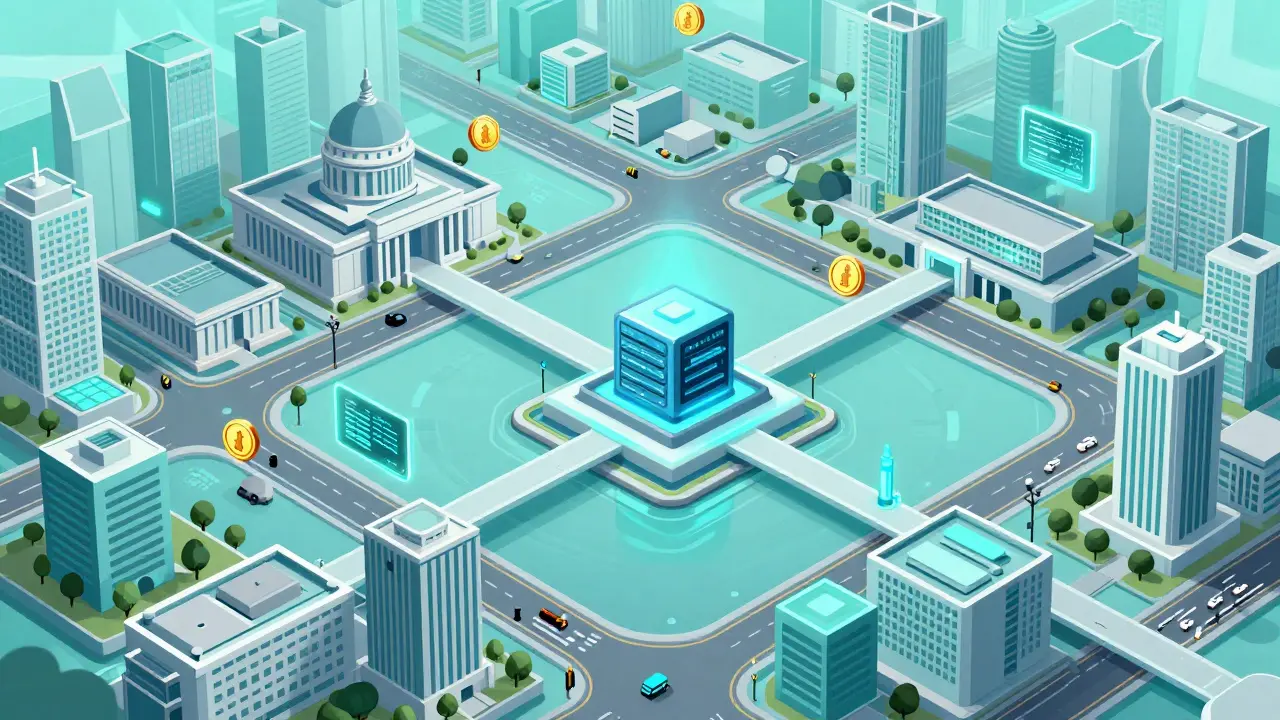 Cartoon of secure national blockchain network for institutions
