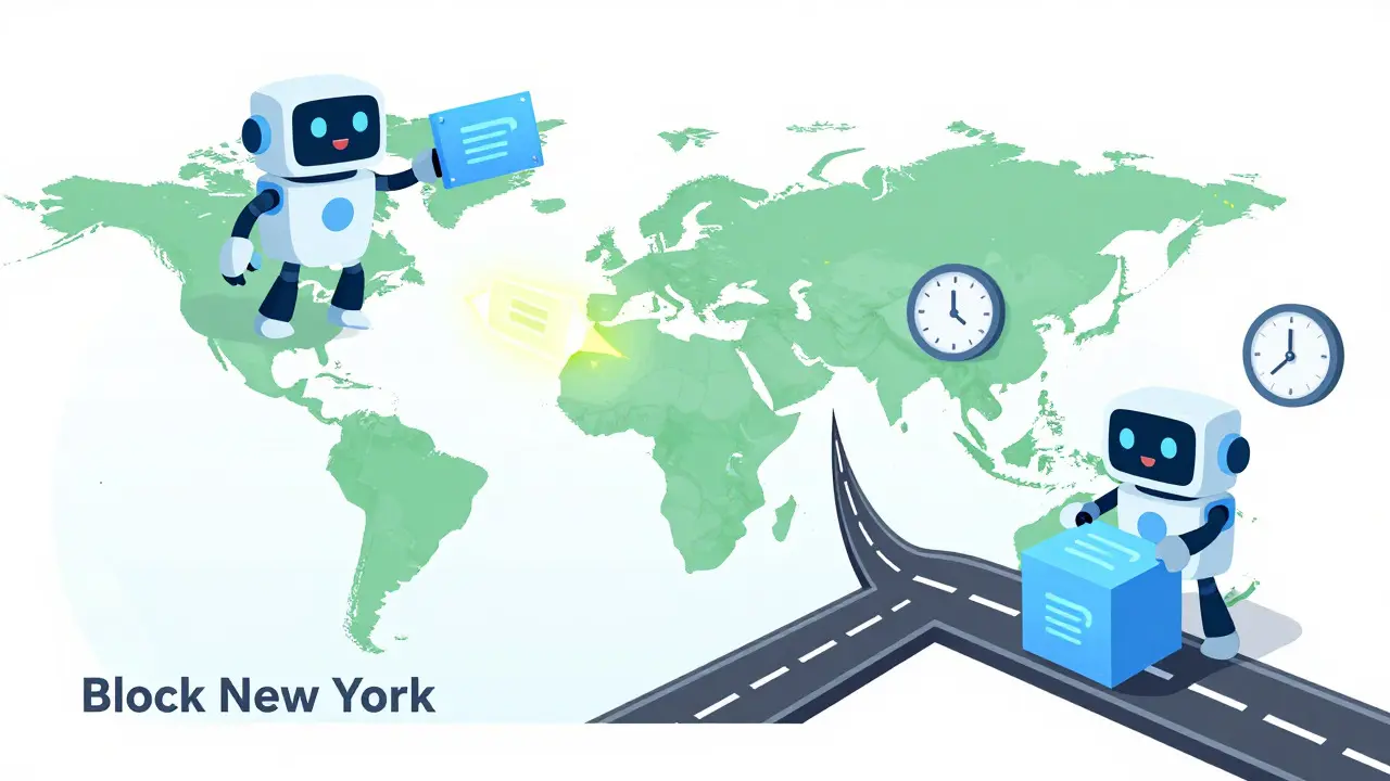 Cartoon robots sending data across globe illustrating block delays