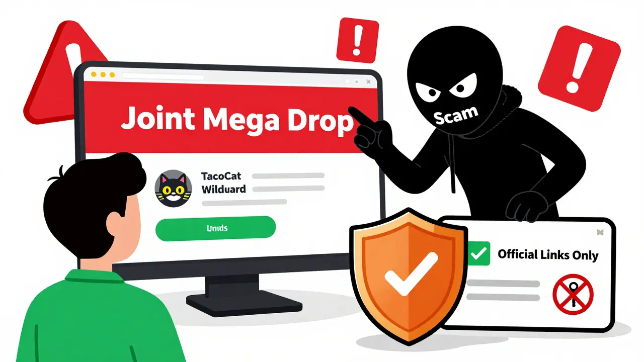 Cartoon scammer offering fake joint airdrop while user protects wallet with security shield.