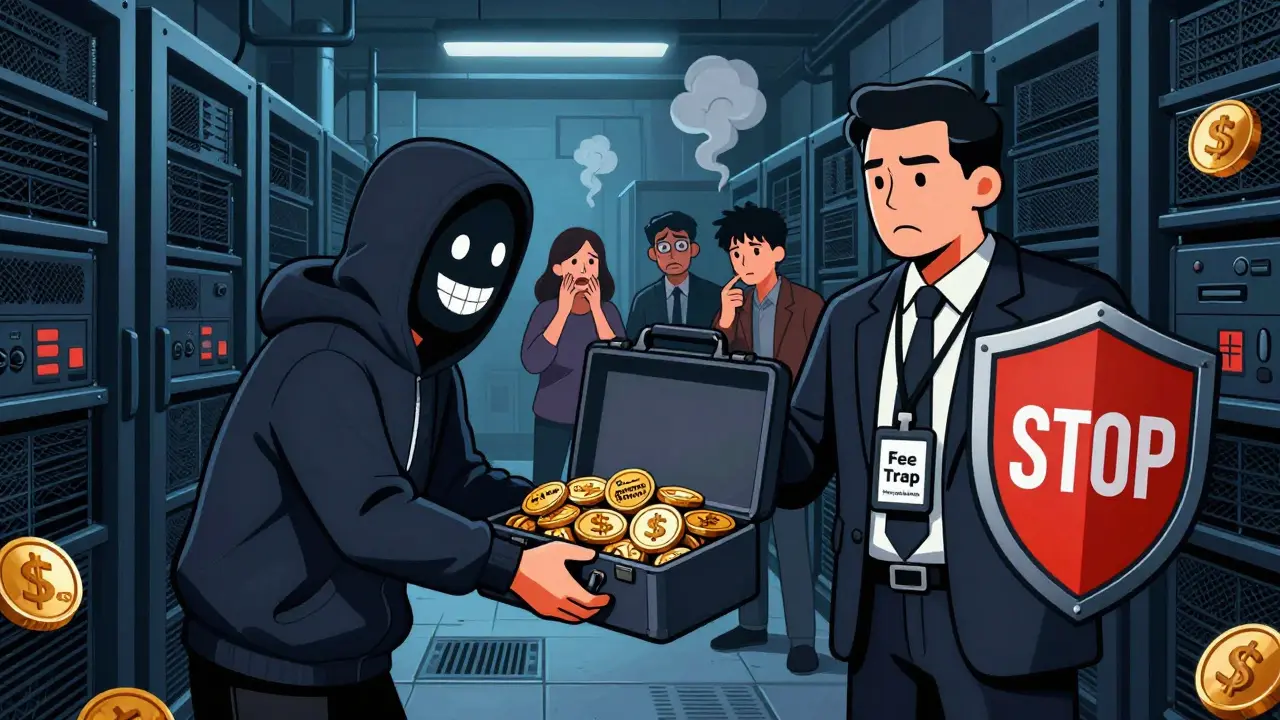 Cartoon scammer offering fake profits while a regulator blocks them in a server alley.