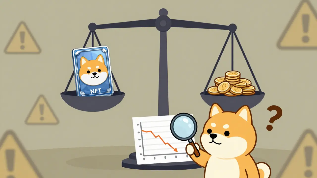 Cartoon Shiba Inu inspecting a scale balancing an NFT against risk factors.