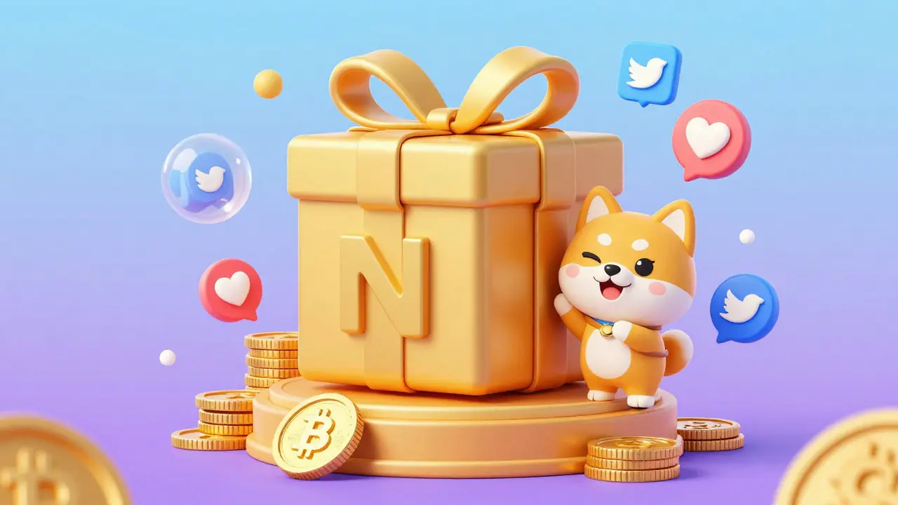 Cartoon Shiba Inu next to a golden NFT gift box with floating social media icons.