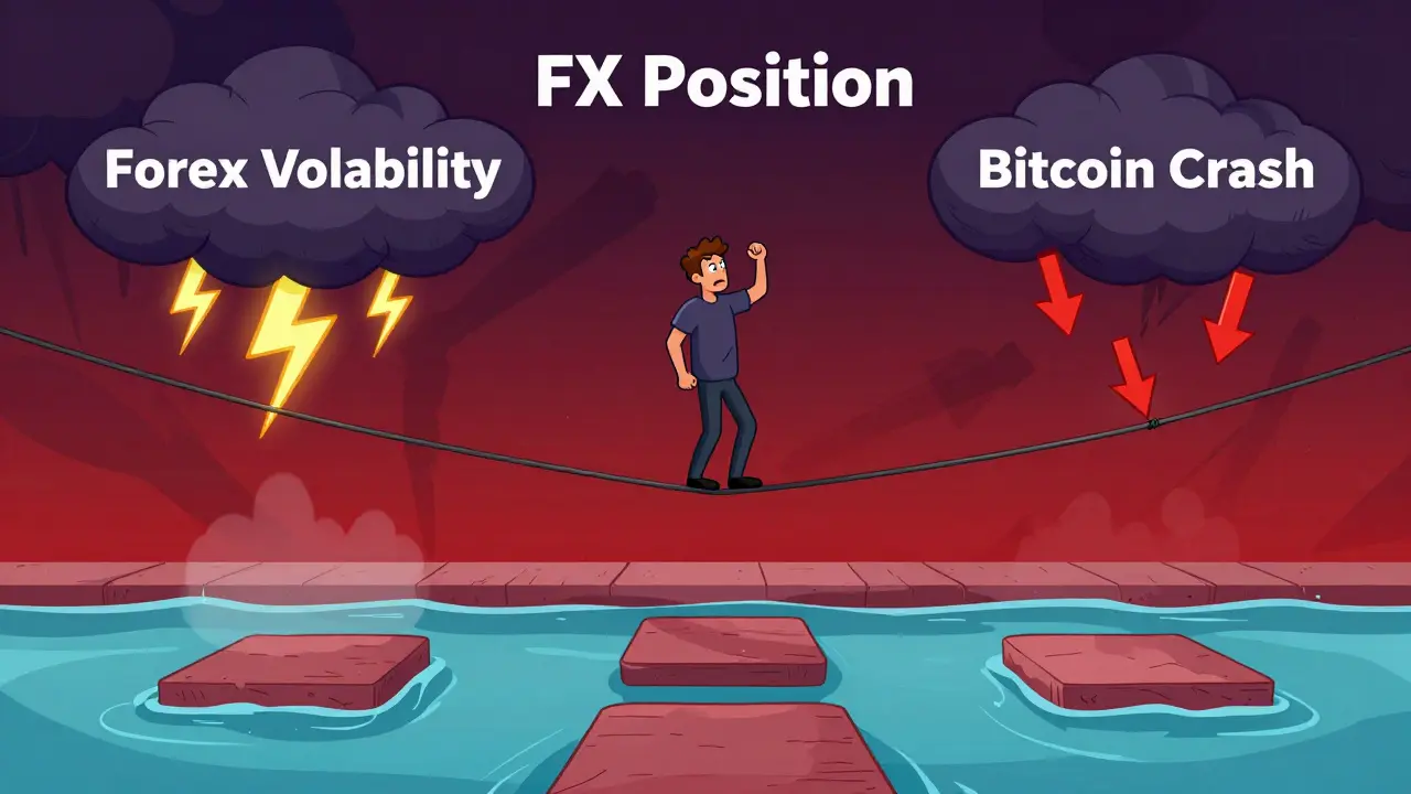 Cartoon showing dual risk of forex volatility and crypto price crashes