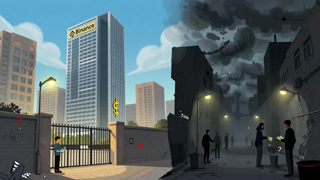 Cartoon showing the contrast between regulated exchanges and risky P2P trading in Syria.