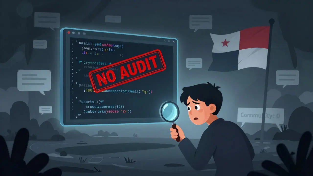 Cartoon user inspecting unaudited smart contract code in a dark, silent void with no community.