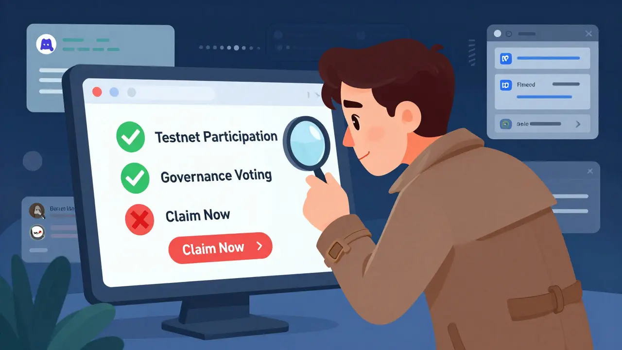 Detective examining blockchain transactions to verify airdrop eligibility