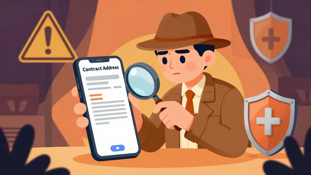 Detective-style cartoon trader verifying crypto contract address safely