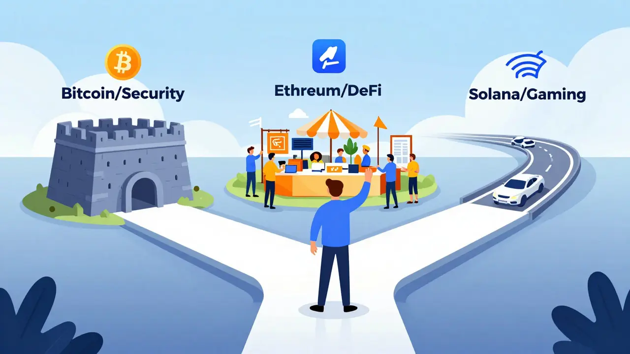 Developer choosing blockchain path for app in cartoon style
