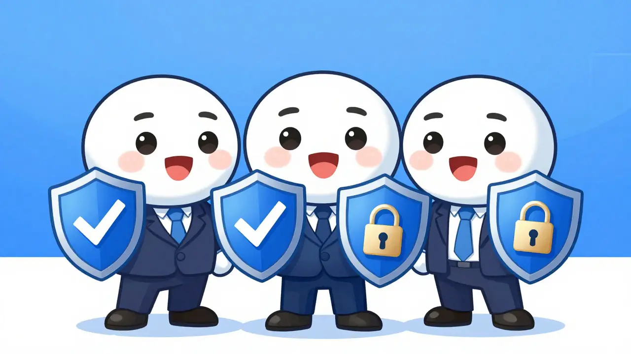 Friendly cartoon mascots representing safe crypto exchanges
