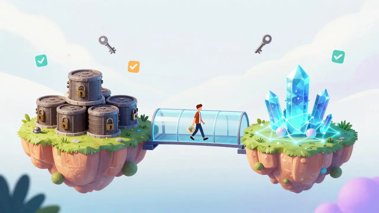 Futuristic bridge connecting old vaults to new zero-knowledge proof networks