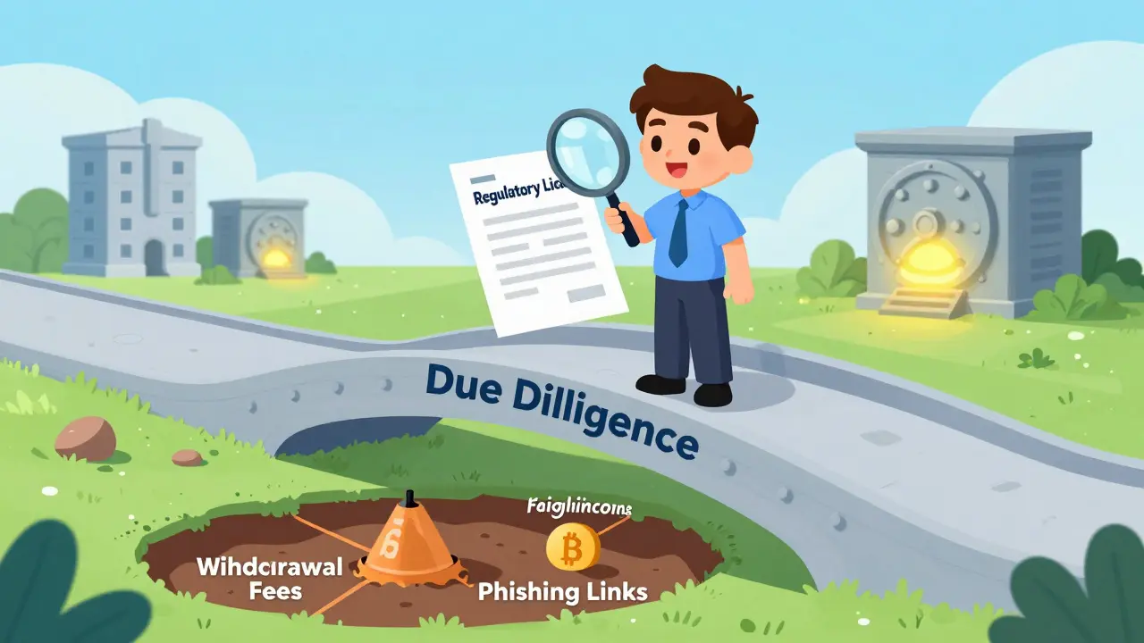 Happy investor checking licenses on a safe bridge above a pit of crypto scams.