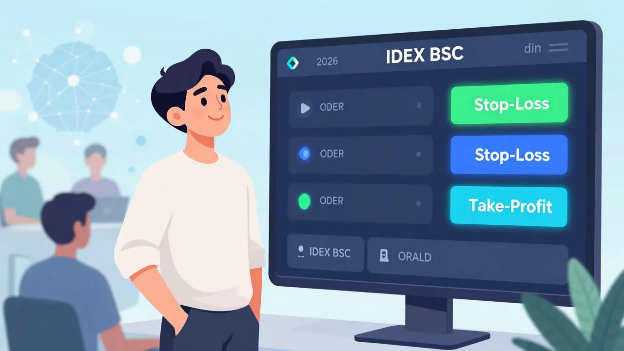 Happy trader using advanced stop-loss and take-profit features on IDEX
