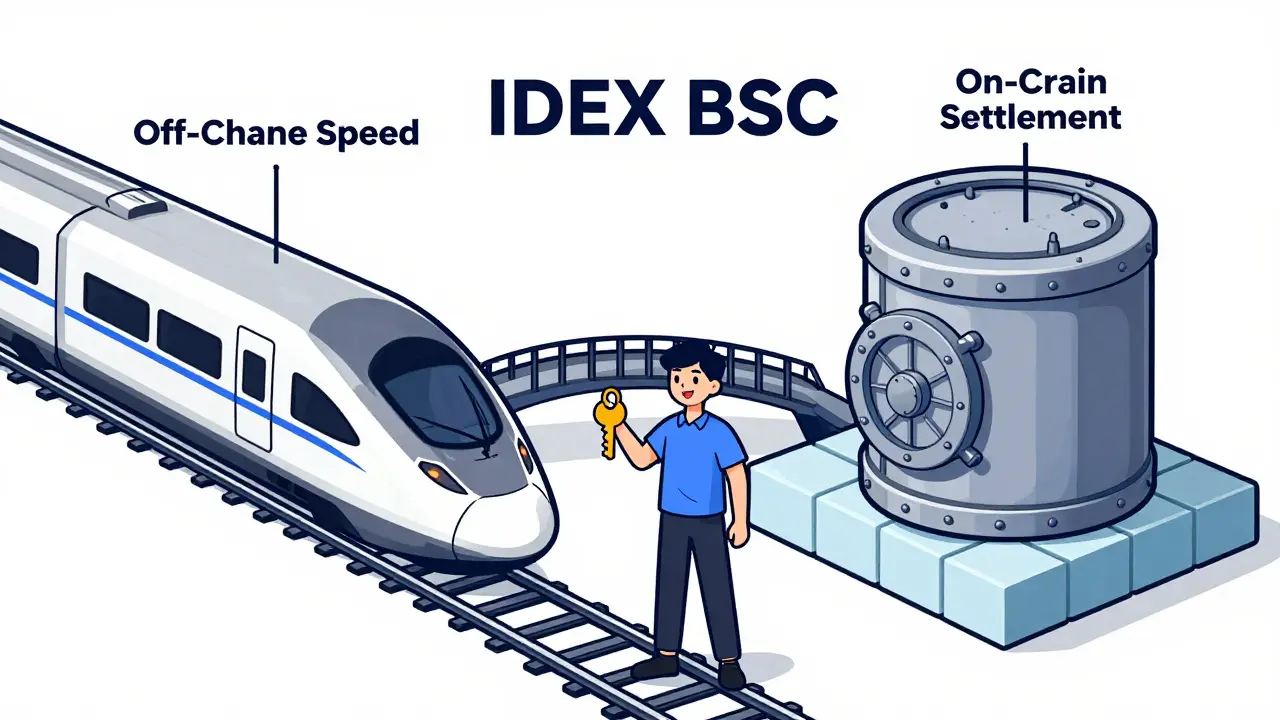 Hybrid model diagram: fast off-chain matching meets secure on-chain settlement