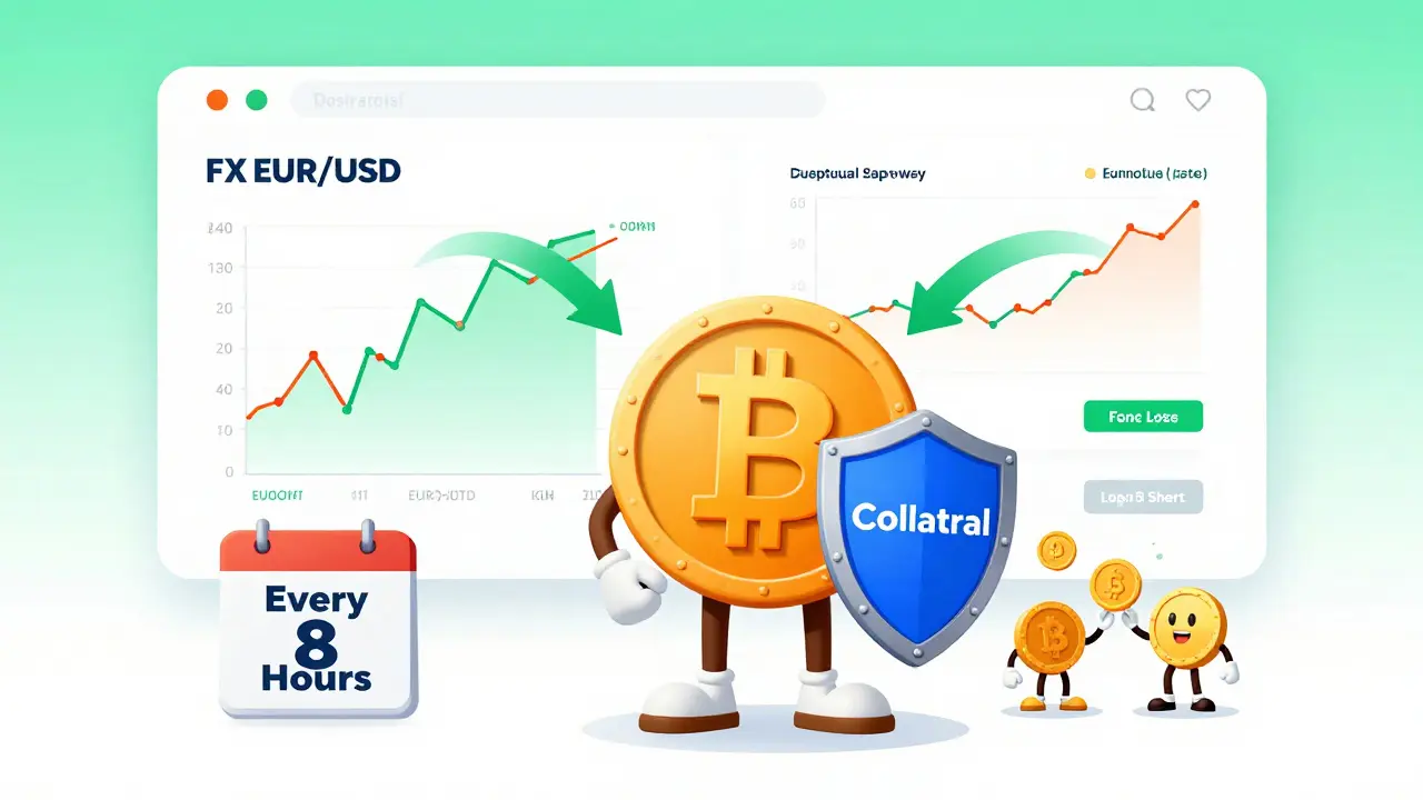 Illustration explaining FX perpetual swap mechanics with Bitcoin collateral