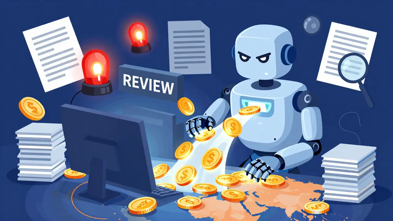 Illustration of automated banking systems scanning and delaying crypto transactions.