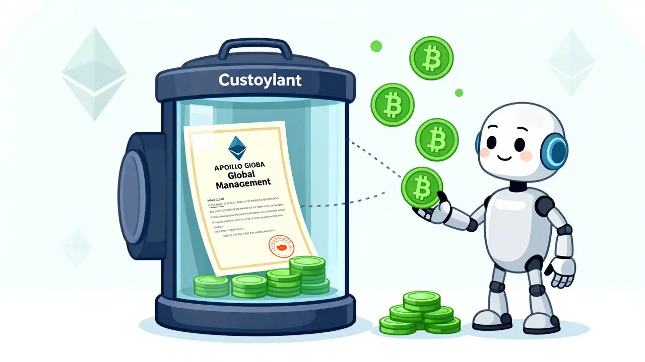 Illustration of physical stocks in a vault being converted to digital tokens
