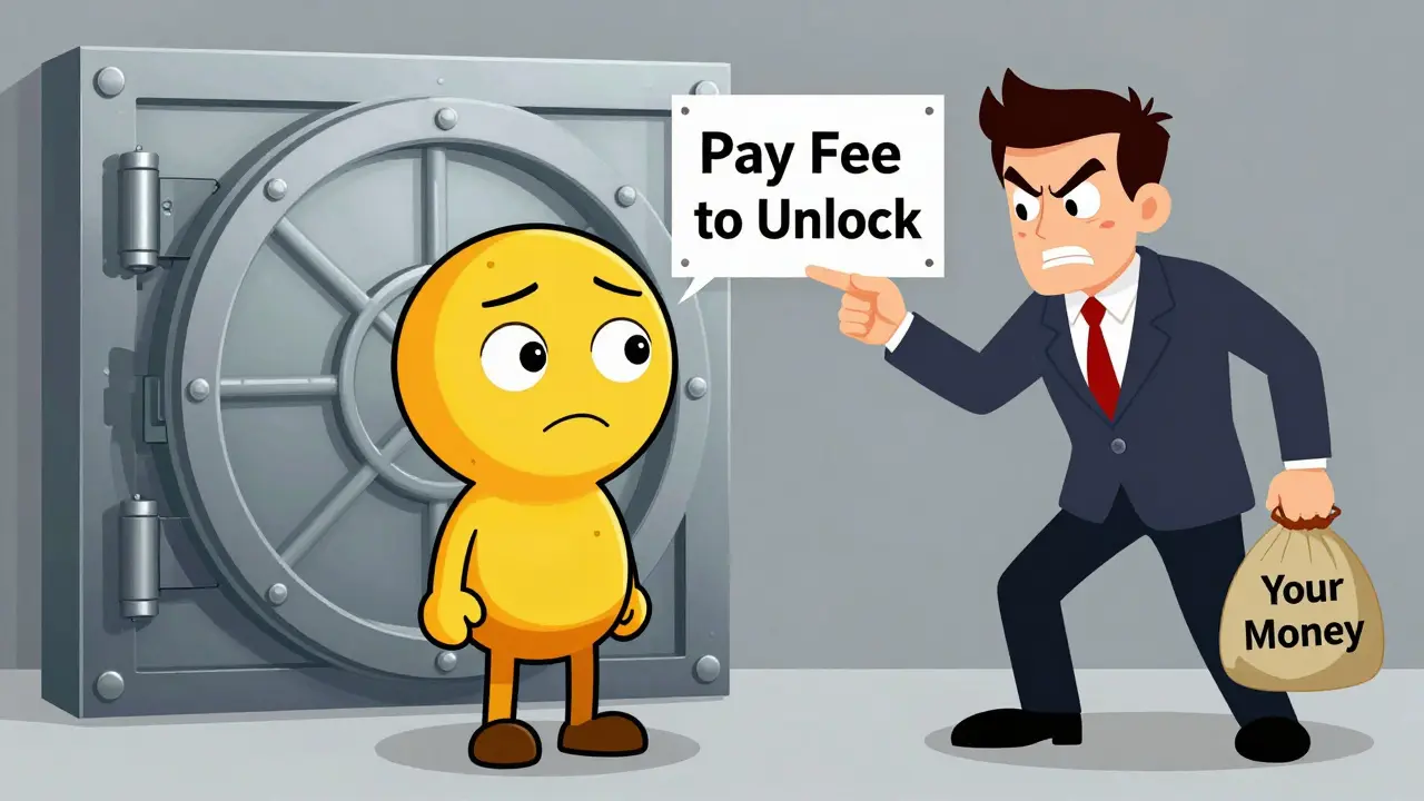Illustration of scammer demanding fees to unlock stolen funds