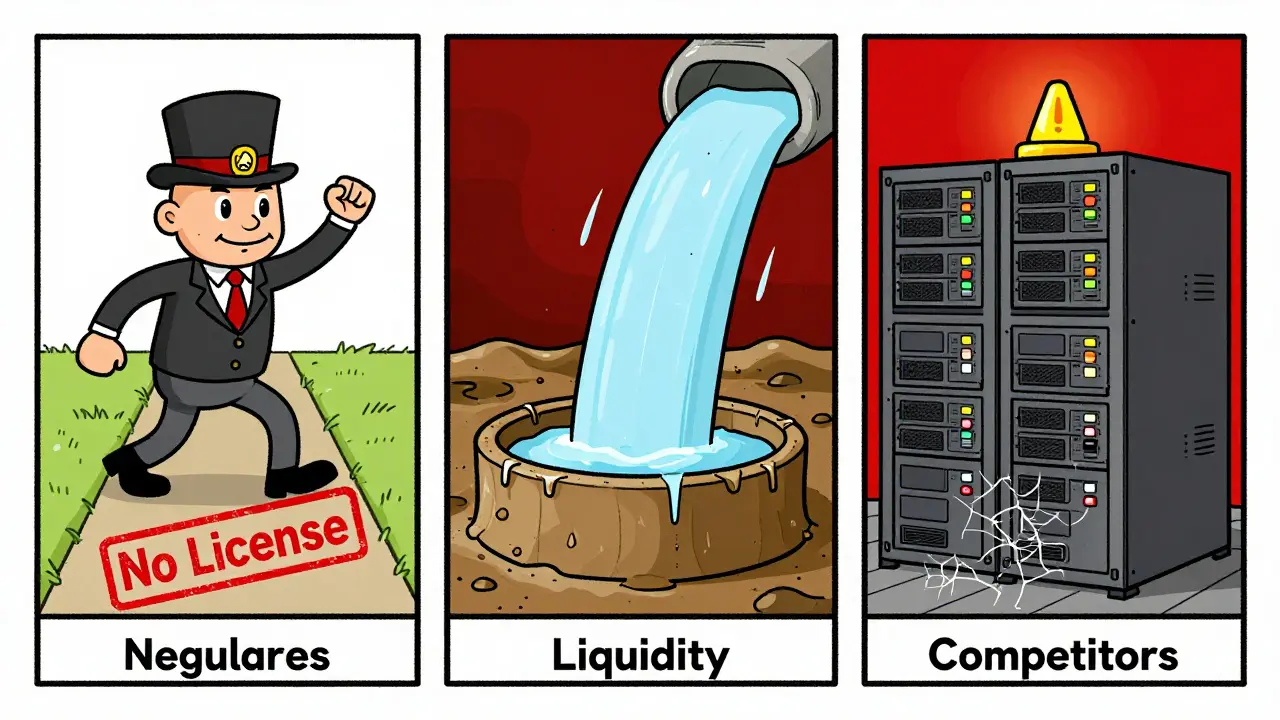 Illustration showing regulatory blocks and low liquidity causing failure