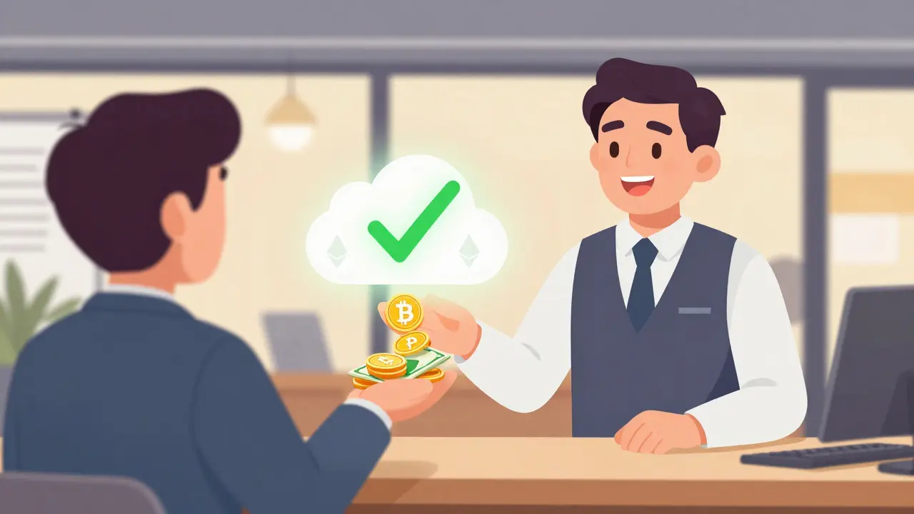 Merchant receiving low-fee crypto payment converted to cash