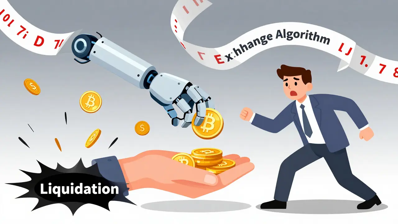 Robot arm forcibly taking coins from scared investor during liquidation