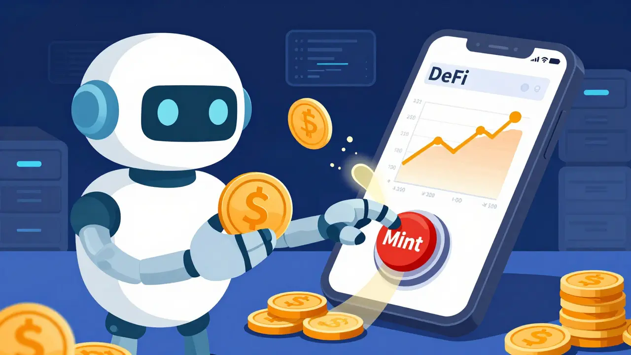 Robot custodian minting digital tokens from gold coins for DeFi yields