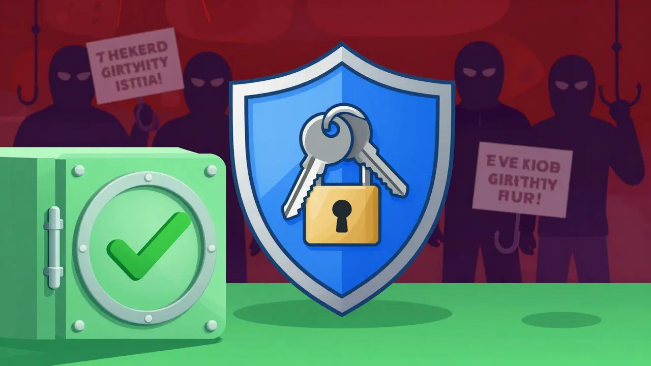 Shield protecting crypto keys from shadowy scammer figures